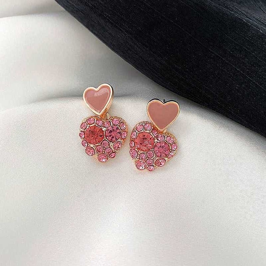 Earrings Salty | Pink Double Heart Studded Drop In Trend Studs