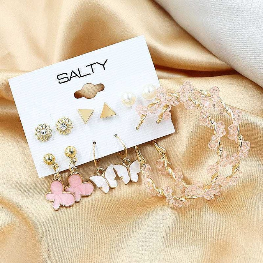 Earrings Salty | Set Of 6 Pink Hoops And Butterfly Earrings And Studs