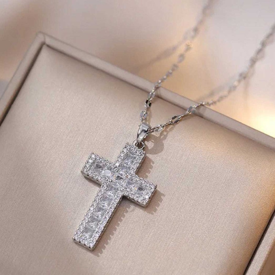 Necklaces Salty | Diamond Filled Big Silver Cross