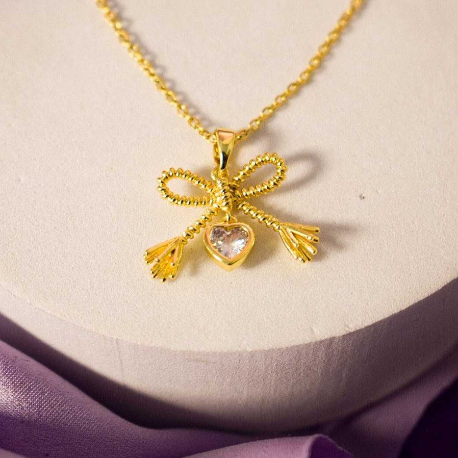 Necklaces Salty | Diamond Bow Golden Necklace