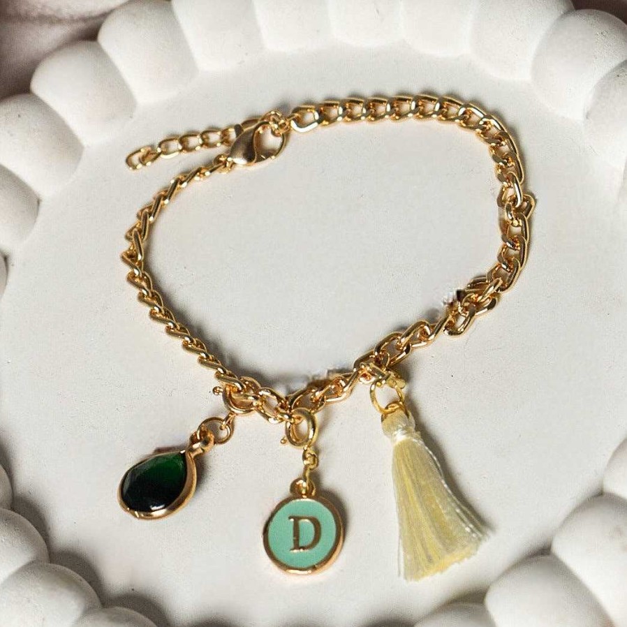 Bracelets Salty | Salty Personalised Charm Bracelet With Green Alphabet , Tassel And Gemstone