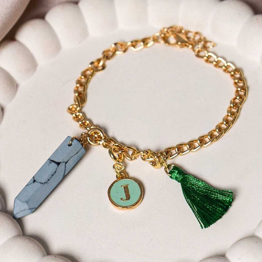 Bracelets Salty | Salty Personalised Charm Bracelet With Green Alphabet , Tassel And Manifestation Stone