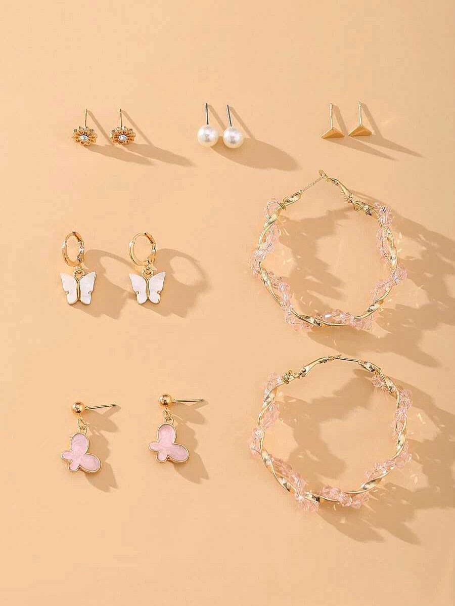 Earrings Salty | Set Of 6 Pink Hoops And Butterfly Earrings And Studs