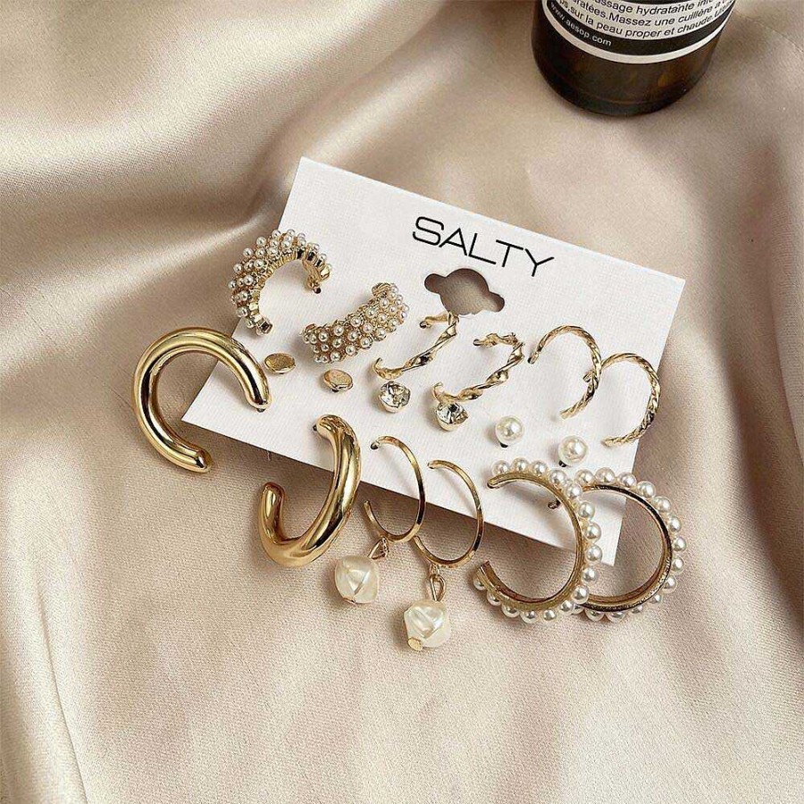 Earrings Salty | Set Of 9 Gold Chunky Real Freshwater Pearl Hoops And Studs