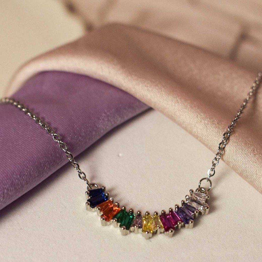 Necklaces Salty | Gemstone Crescent Necklace - Silver