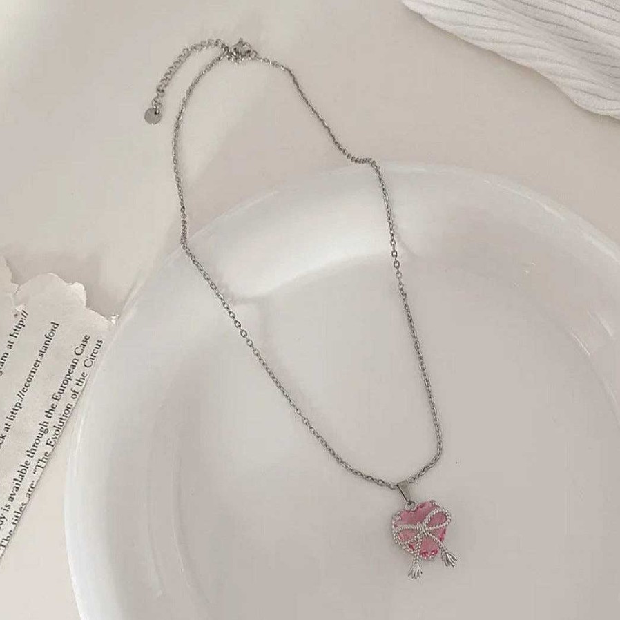 Necklaces Salty | Pink Crystal Heart & Bow Necklace