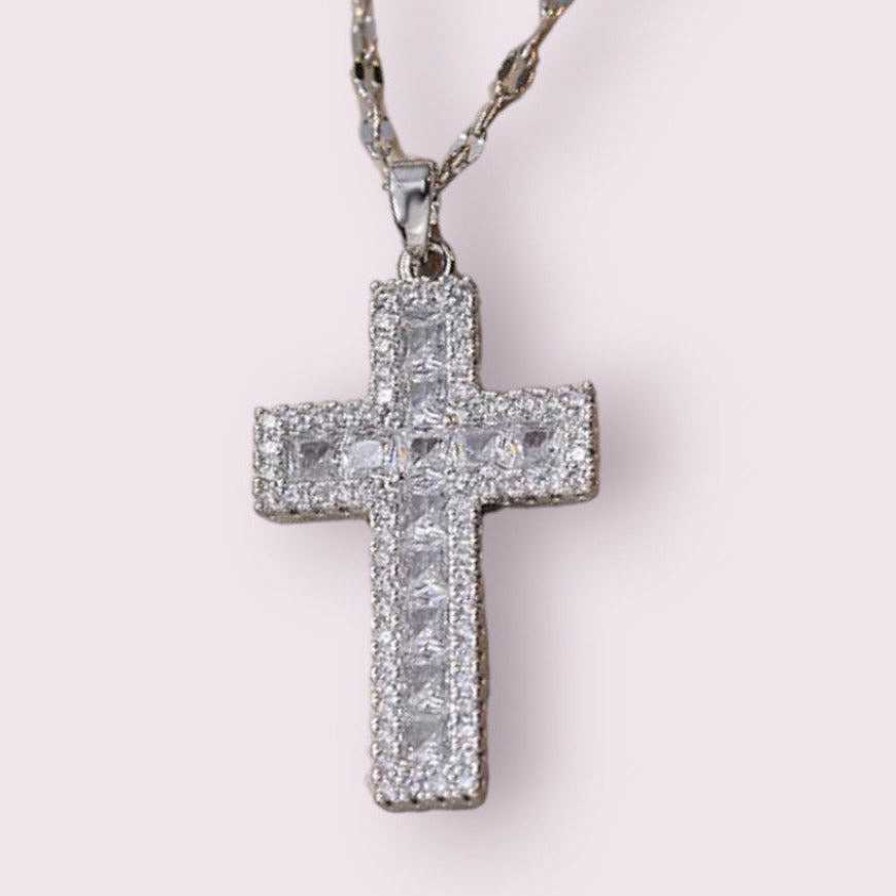 Necklaces Salty | Diamond Filled Big Silver Cross