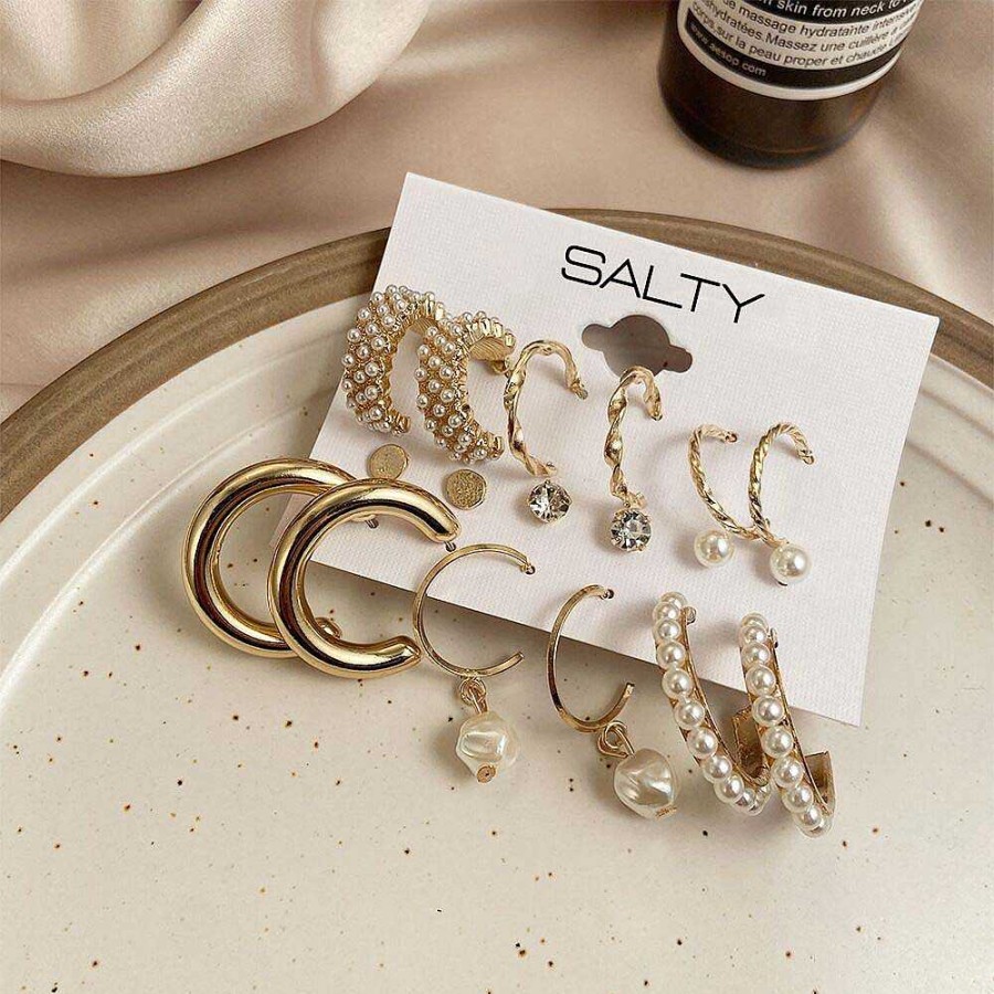 Earrings Salty | Set Of 9 Gold Chunky Real Freshwater Pearl Hoops And Studs