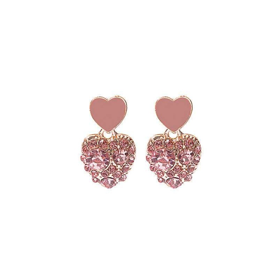 Earrings Salty | Pink Double Heart Studded Drop In Trend Studs