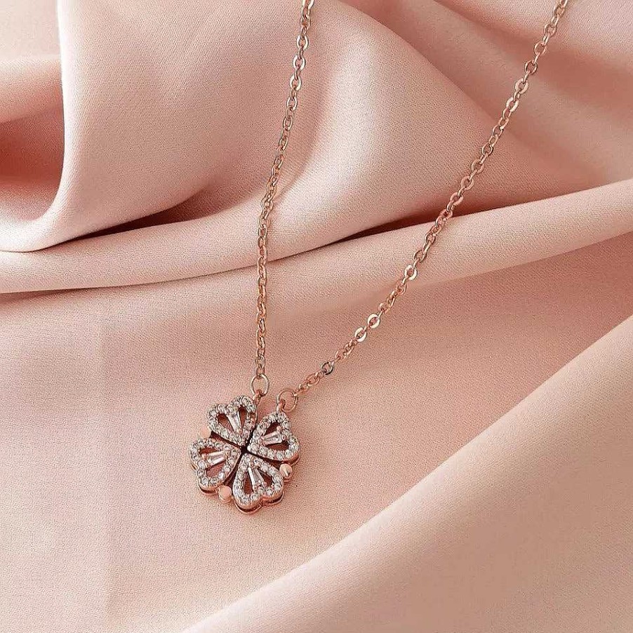 Necklaces Salty | Hyacinth 4-Pcs Zircon Heart Magnetic Clover Necklace - Rose Gold